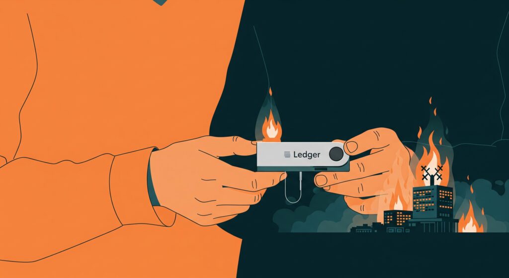 2026 Best Crypto Wallets: Hot & Cold Storage Person holding a cold hardware crypto wallet while an exchange faces risks in the background — why cold storage matters in 2026