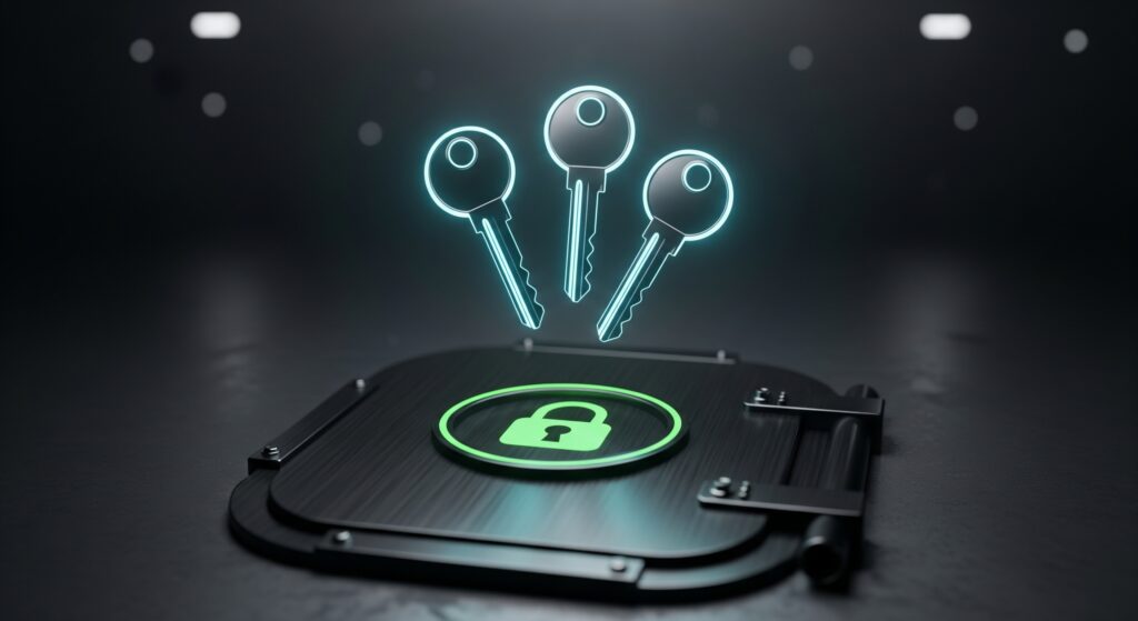 10 Best Multisig Wallets For Onchain Assets A close-up digital render of three glowing neon-cyan security keys floating above a dark metallic vault door with a glowing green lock icon.