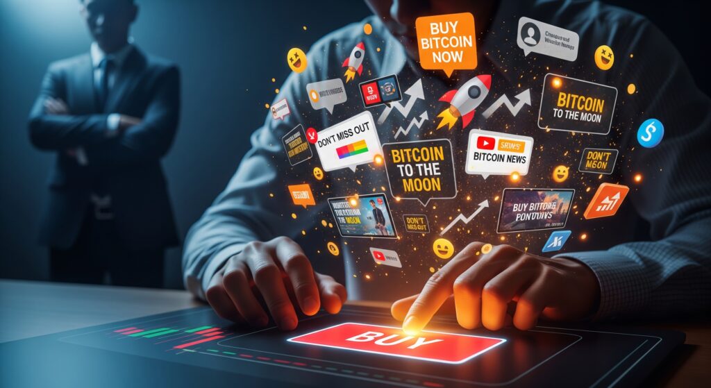 Overwhelmed retail investor surrounded by social media FOMO notifications and buy Bitcoin headlines with hand on buy button while a calm experienced investor watches skeptically from the background
