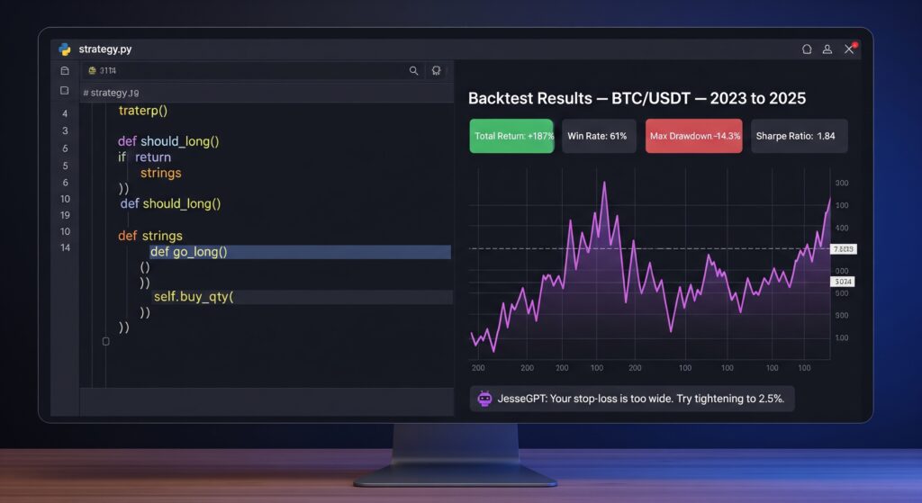 Jesse bot open source Python crypto trading bot showing detailed backtesting results