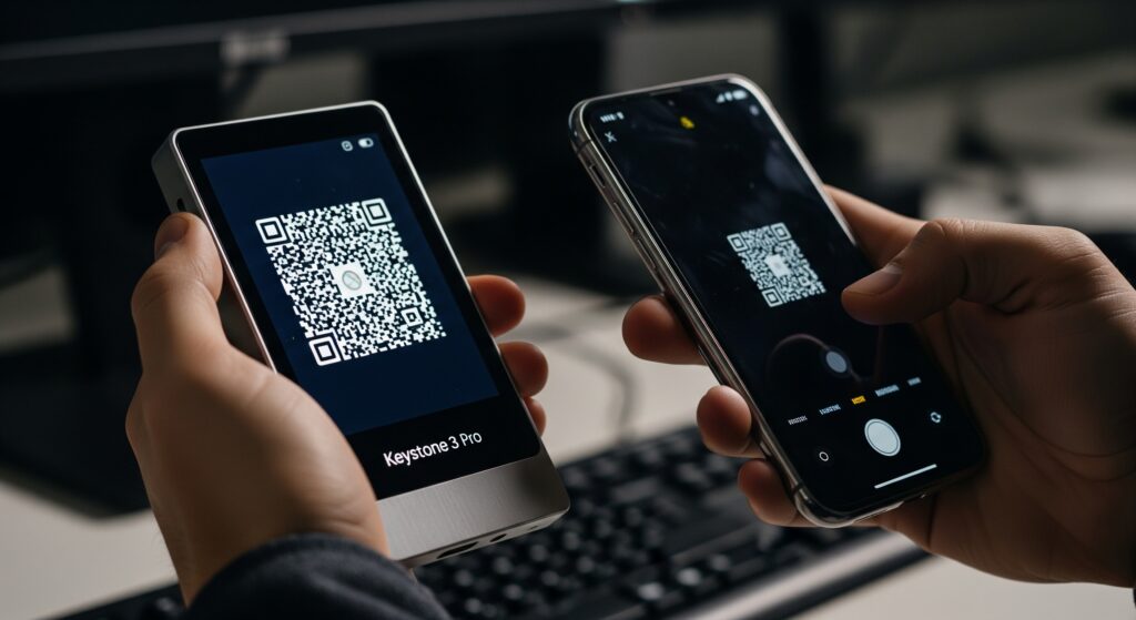 2026: Top 5 Cryptocurrency Hardware Wallets Keystone 3 Pro air-gap hardware wallet showing QR code transaction signing — best multi-coin air-gap crypto wallet 2026