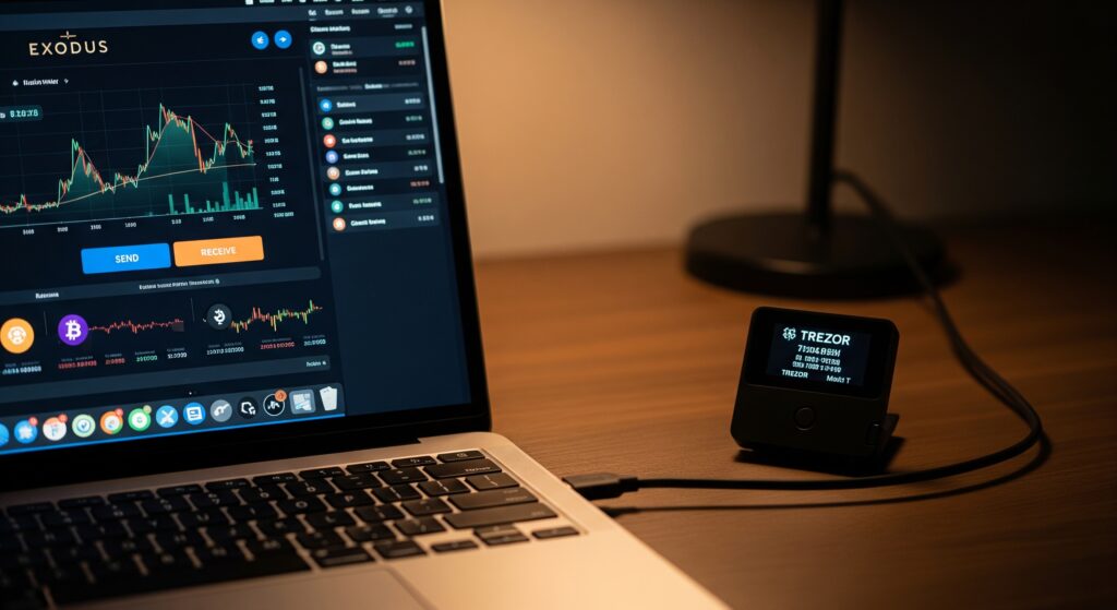 2026: Top 5 Cryptocurrency Hardware Wallets Exodus software wallet on laptop paired with Trezor hardware wallet showing best beginner crypto wallet combination for security and ease of use