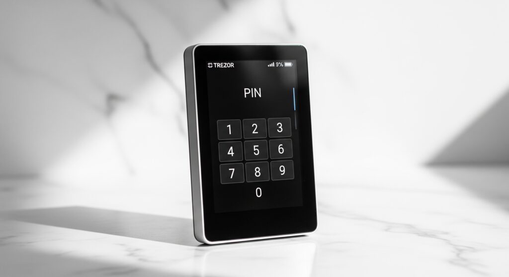 2026: Top 5 Cryptocurrency Hardware Wallets Trezor Model T hardware wallet on marble surface showing PIN entry screen — best open-source crypto hardware wallet