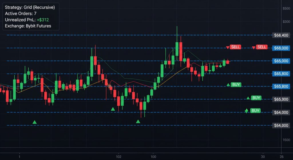 Passivbot open source crypto grid trading bot on perpetual futures chart