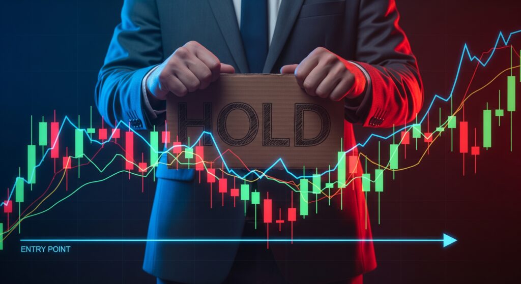 Panicked Bitcoin investor holding a HOLD sign watching their investment peak and decline below entry price on a crypto price chart surrounded by green candles turning red
