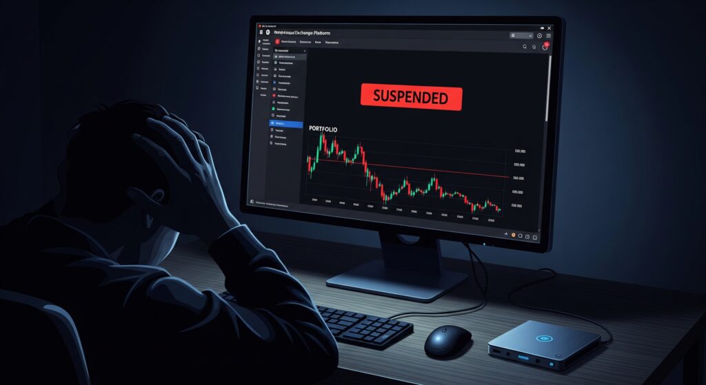 Bitcoin exchange platform screen showing suspended status with shocked investor watching portfolio disappear while a secure hardware cold wallet glows safely on a desk beside them
