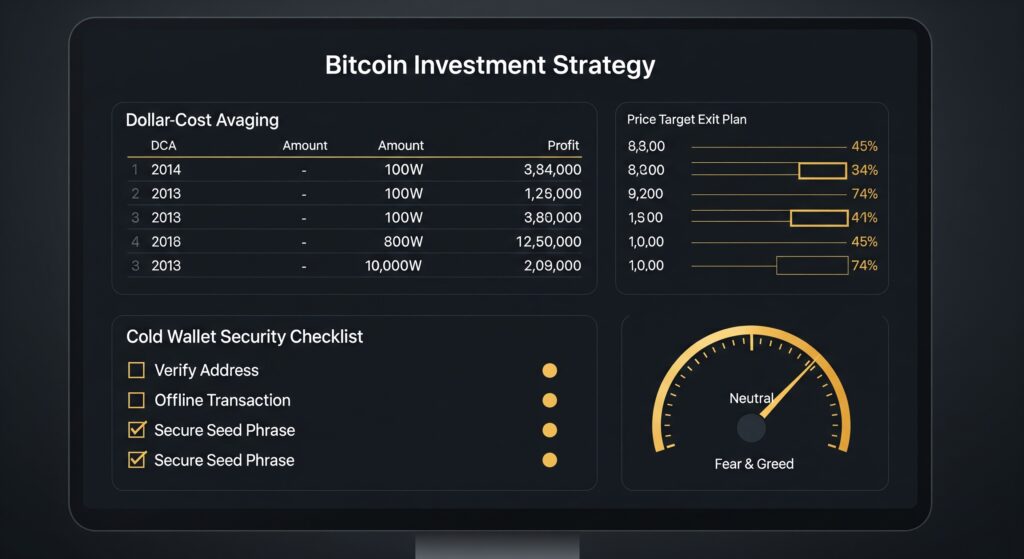 Bitcoin investment strategy dashboard showing DCA schedule, price target exit plan with marked levels, cold wallet security checklist, and fear and greed sentiment gauge on dark terminal interface