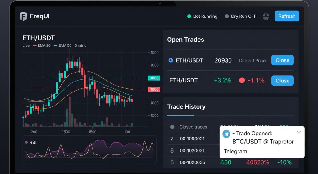 Freqtrade open source crypto trading bot interface with live trade monitoring