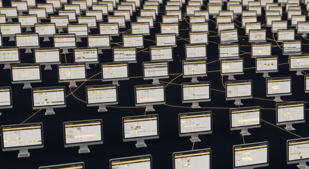 What Is Blockchain? How It Works for You Shared digital spreadsheet duplicated across thousands of computers simultaneously with each updating in real time representing blockchain in simple words