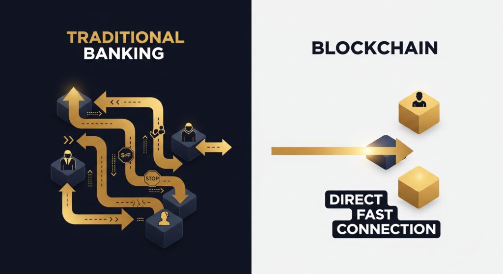 What Is Blockchain? How It Works for You Side by side comparison of traditional banking with multiple intermediary delays versus blockchain with direct fast transaction and no middlemen