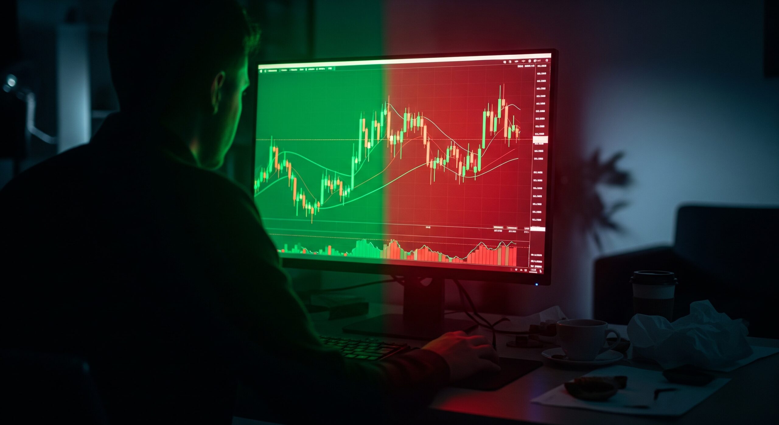 A late-night investor sits at a desk, their silhouette cast against a glowing monitor showing volatile green and red candlestick charts before deciding to invest in crypto. The dramatic, high-contrast lighting captures the intense balance between market opportunity and serious risk without showing the person's face.