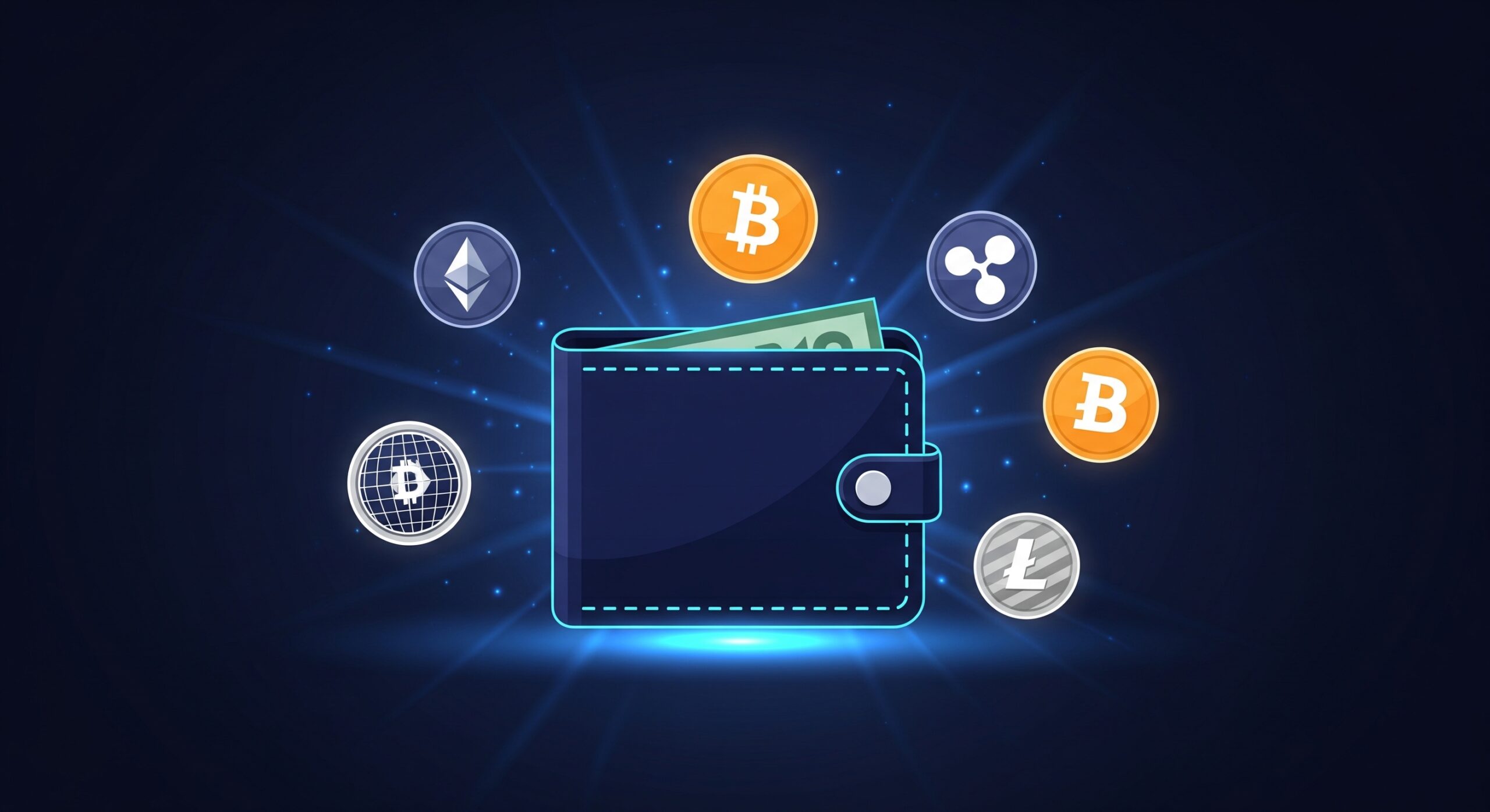 What is a crypto wallet – digital wallet showing Bitcoin and Ethereum icons on a dark blue background