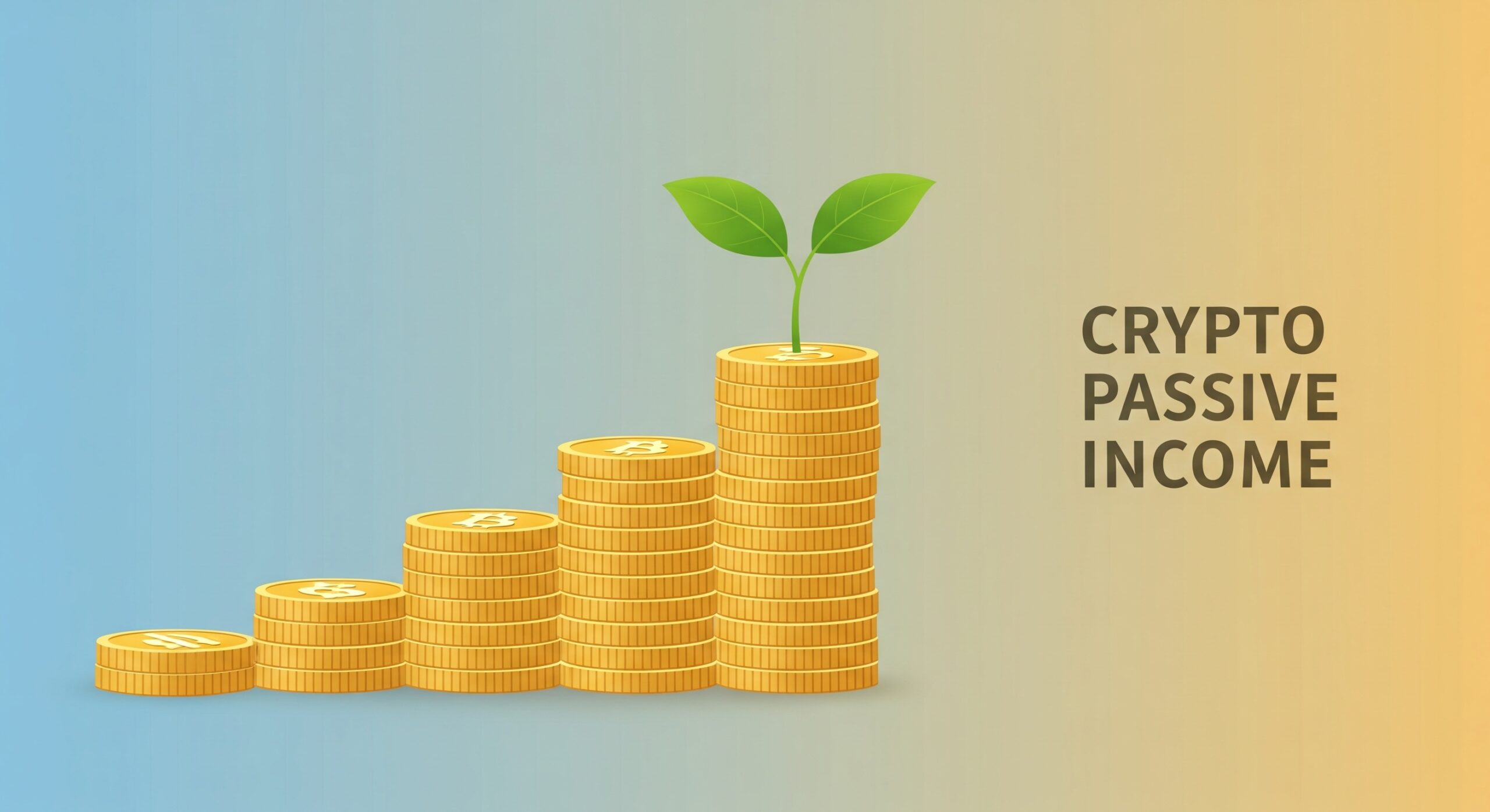 Illustration of cryptocurrency coins stacked like a growing plant, with right side engraved with the words " Crypto Passive Income," symbolizing passive income from staking and DeFi in 2026