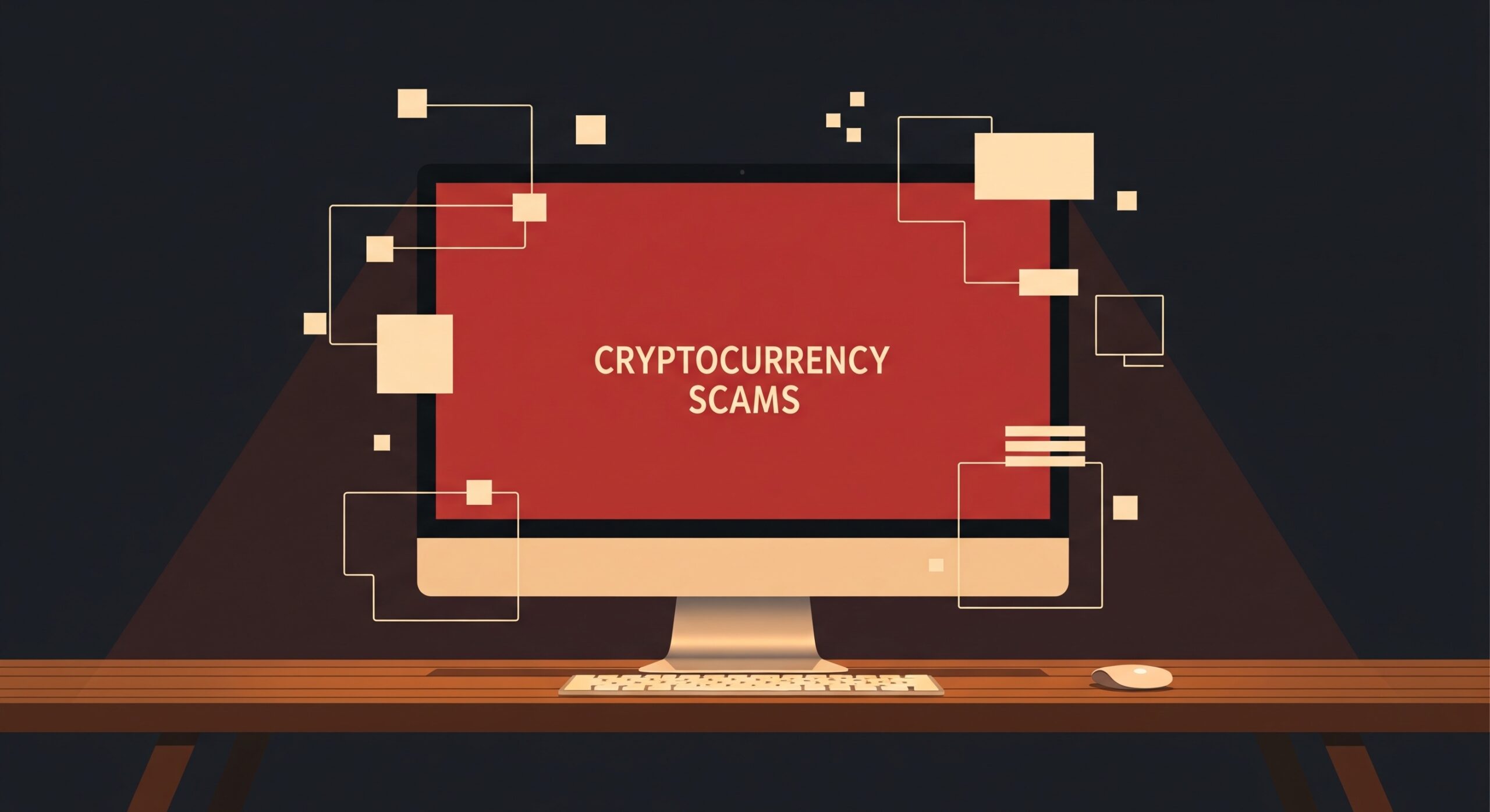Flat vector illustration of a workspace digital monitor displaying the text cryptocurrency scams to evaluate network vulnerabilities.