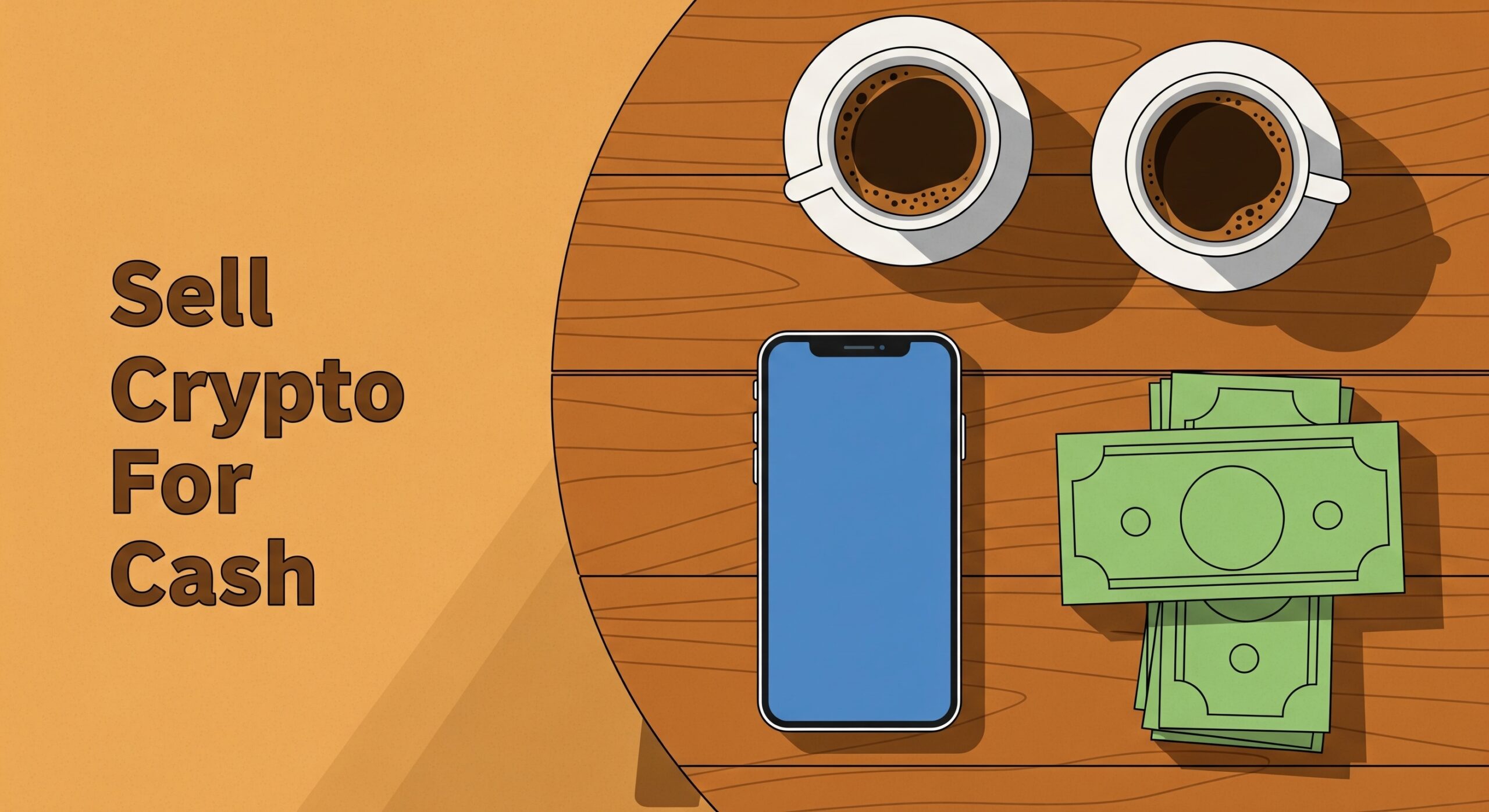 Flat illustration of a coffee table with a phone and cash, featuring the text Sell Crypto For Cash.