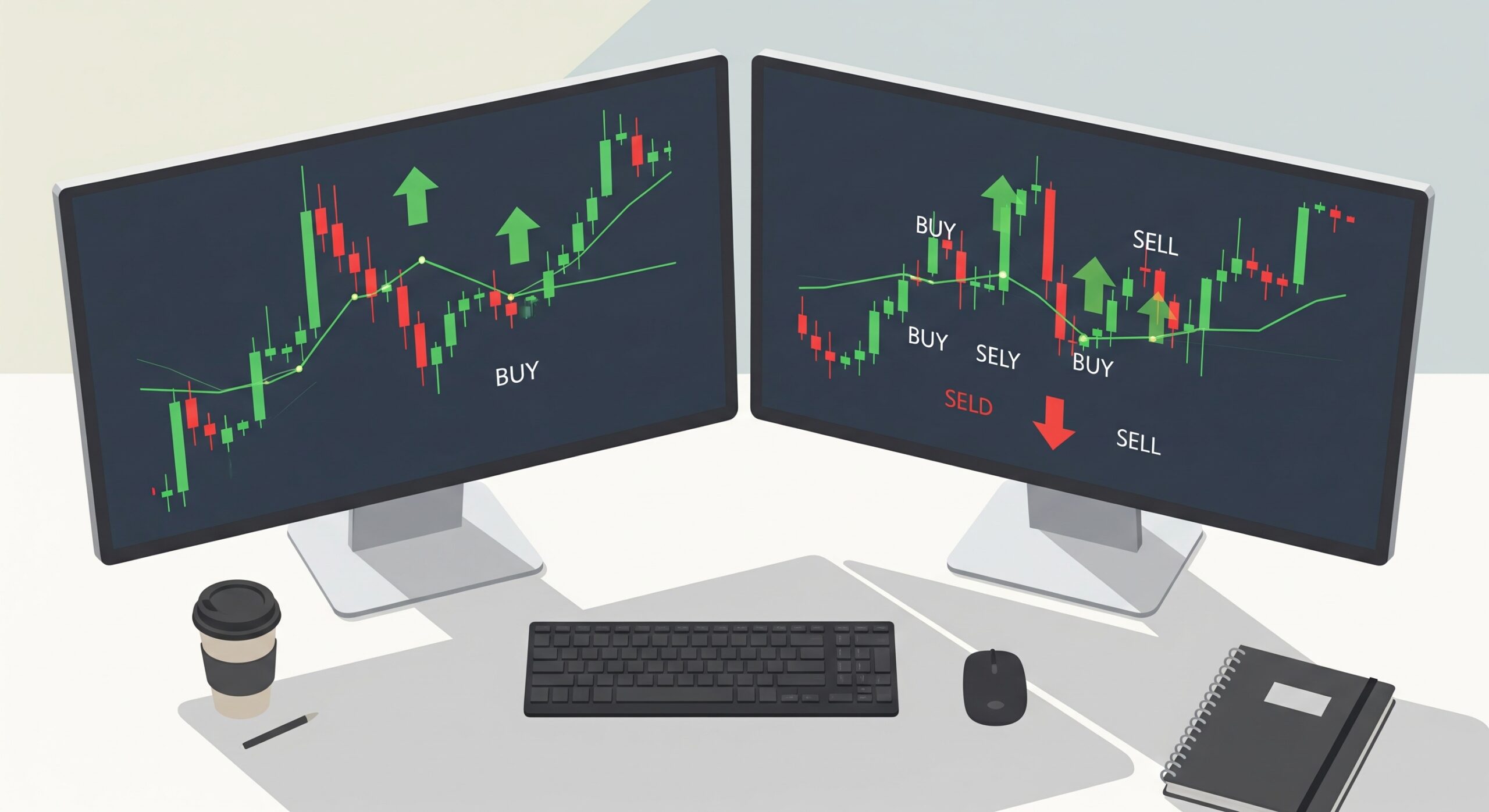 Alt text: TradingView chart on a laptop screen showing green buy and red sell arrow signals for crypto trading