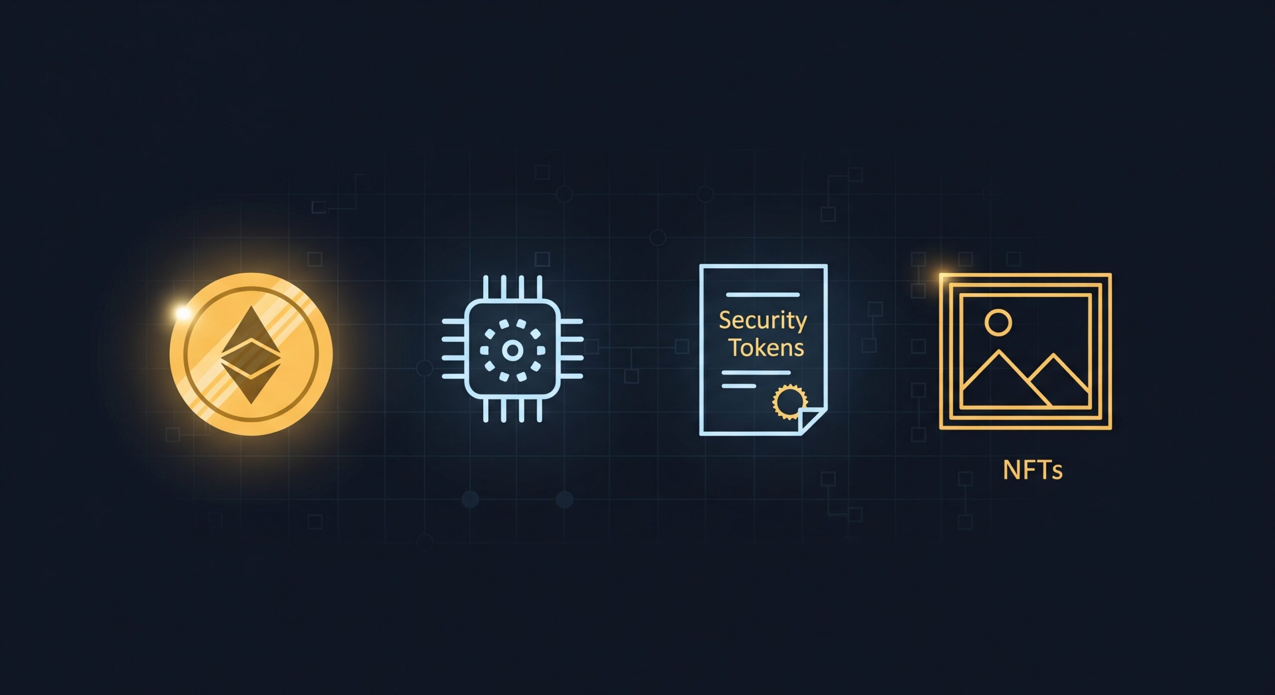 Different types of crypto assets including coins, tokens, stablecoins and NFTs displayed on a digital chart