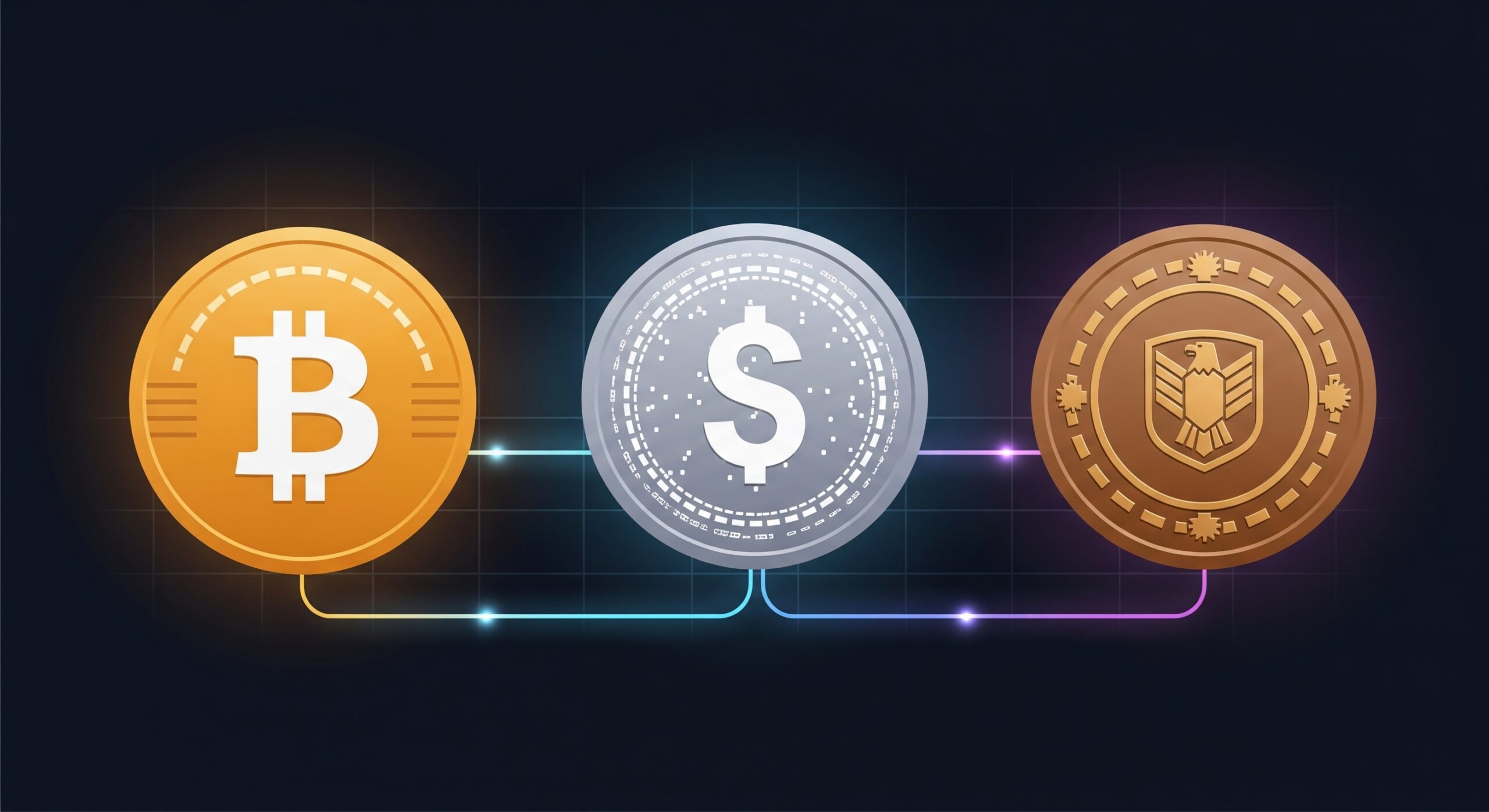 Illustration comparing three types of digital currencies: cryptocurrency, stablecoins, and central bank digital currency