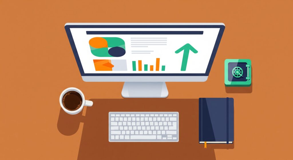Sell Crypto for Cash: Fast & Low-Fee Methods Flat illustration of a digital platform dashboard and secure vault asset icon for a "sell crypto for cash" informational tutorial.
