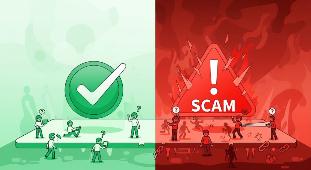  legit crypto platform versus scam platform comparison illustration