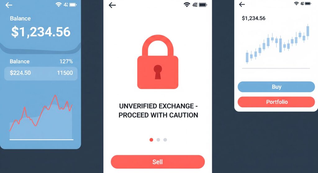 types of crypto scams shown on a fake exchange app screen