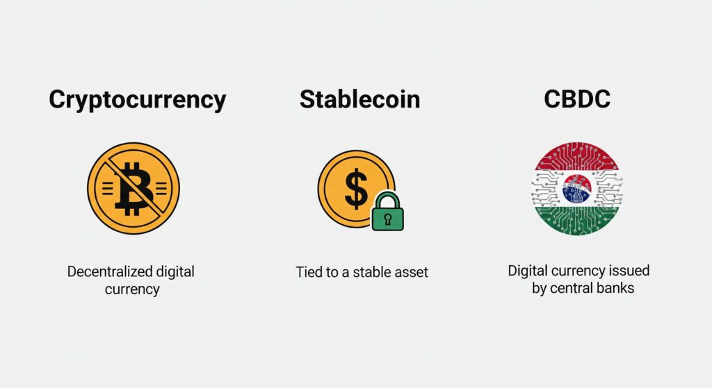  Infographic comparing cryptocurrency, stablecoin, and CBDC as three types of digital currencies