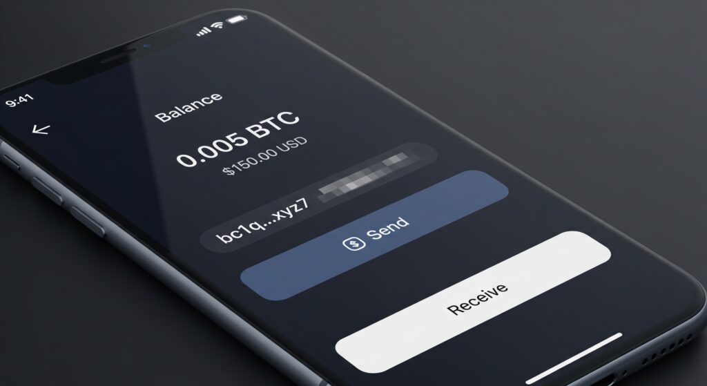 Mobile crypto wallet app interface showing balance, wallet address, and send/receive options