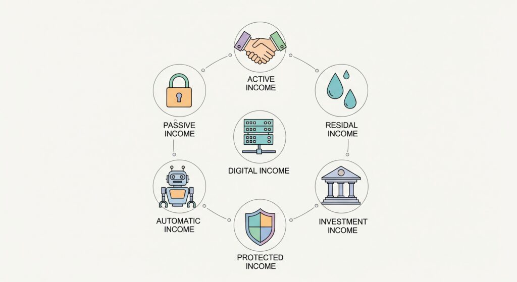 Seven icons representing different crypto passive income methods, including staking, lending, and nodes