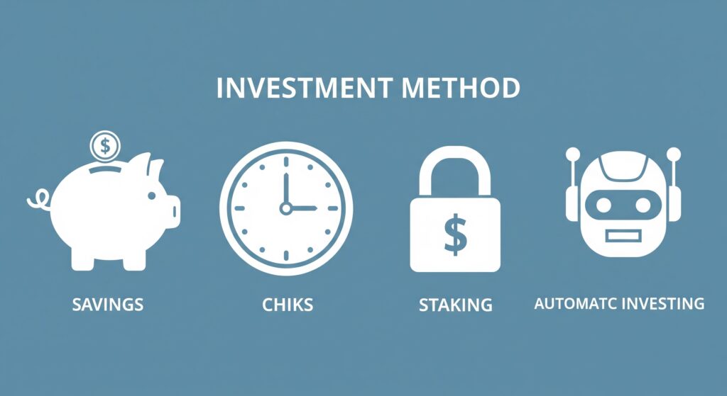 Icons representing different ways to invest in crypto including saving, timing, staking, and automated trading