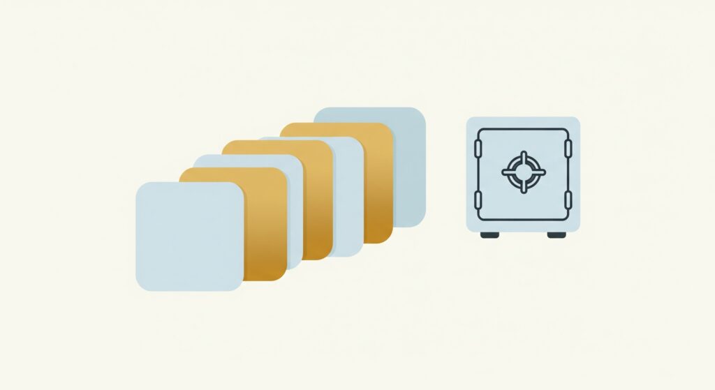 Flat illustration of a secure digital vault and scheduling shapes evaluating systematic ways to invest in crypto securely.