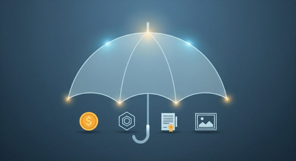 A large glowing umbrella icon labeled crypto assets with smaller icons of a coin, a token, a certificate, and an art frame sheltered underneath it, representing the different types of crypto assets