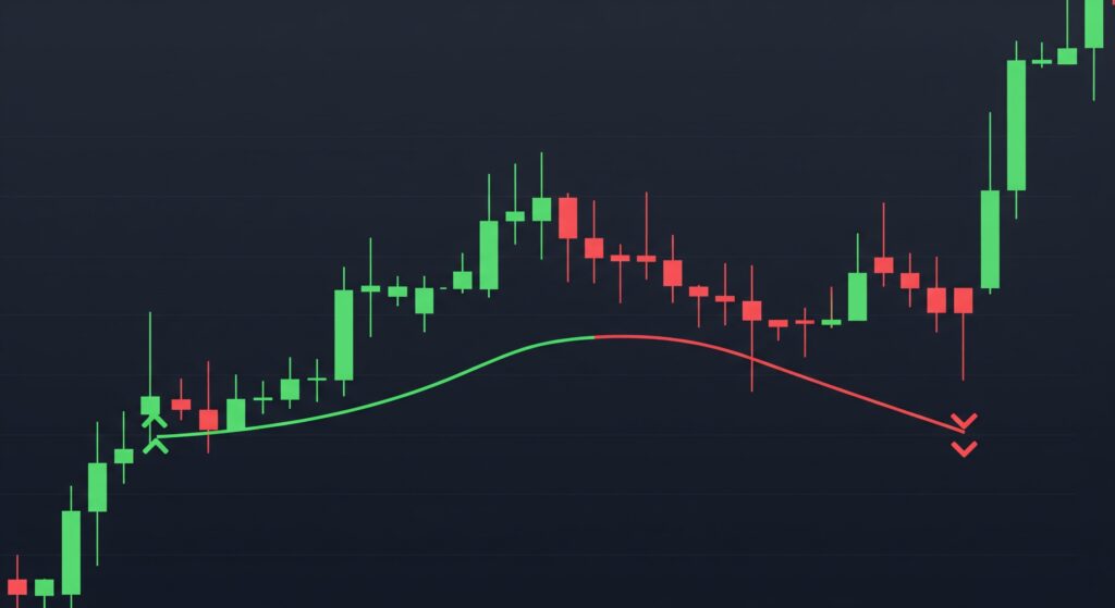Supertrend indicator on TradingView showing green buy signal and red sell signal on a crypto chart